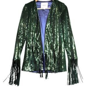 Galvan London Stardust Jacket Emerald Green Sz Med Sequin Sparkle Fringe